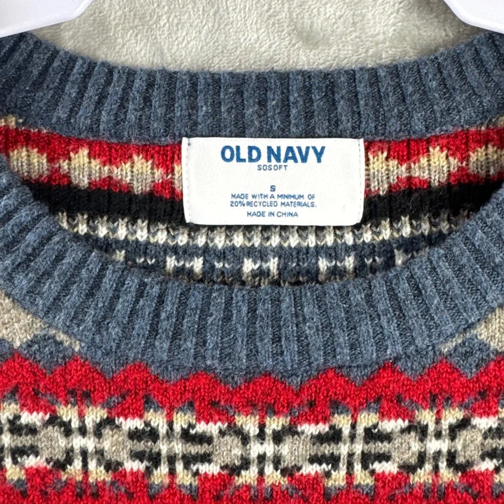 Old Navy SoSoft Sweater Mens Small Blue Red Gray Fair Isle Crewneck (1877)